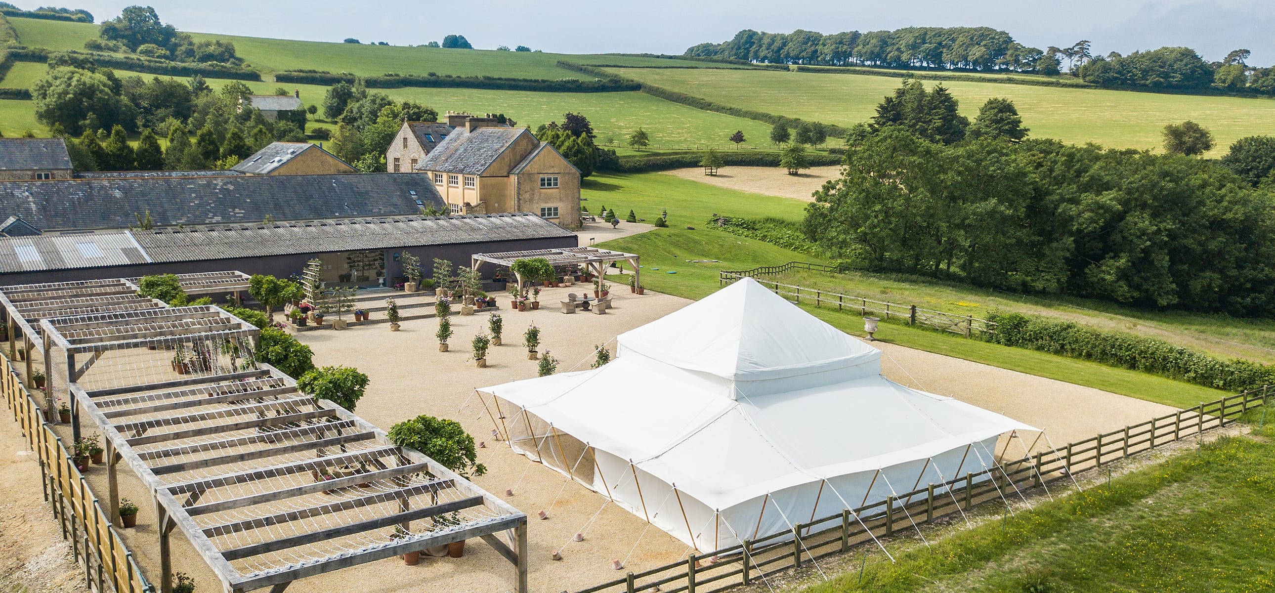 An aerial view of Axnoller Farm and the wedding marquee